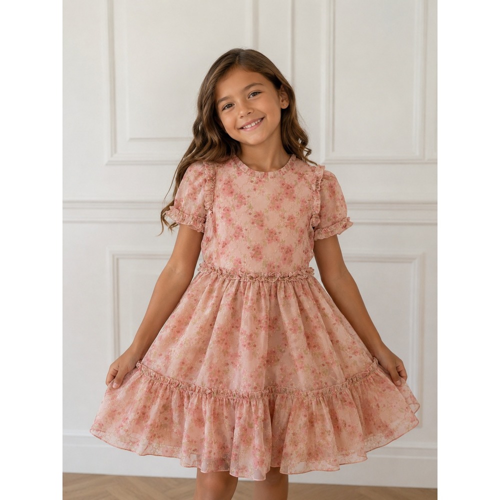 Badgley Mischka Girls Pink Floral Gold Metallic Organza Party Dress‎ 12 BMG77057